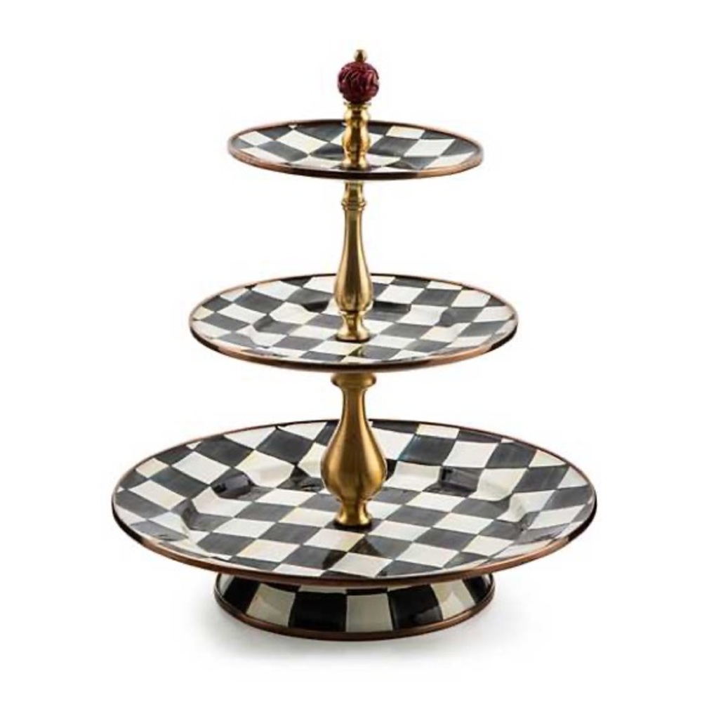 Mackenzie Childs Courtly Check Enamel Three Tier Sweet Stand BRAND NEW